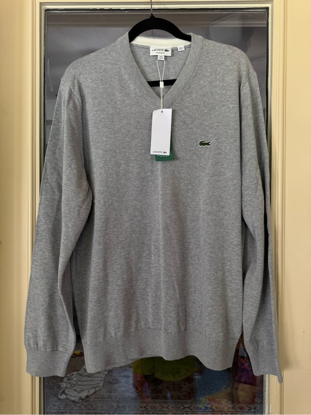 Lacoste Men’s XL V-Neck Sweater Light Heather Gray Monochrome Cotton NWT